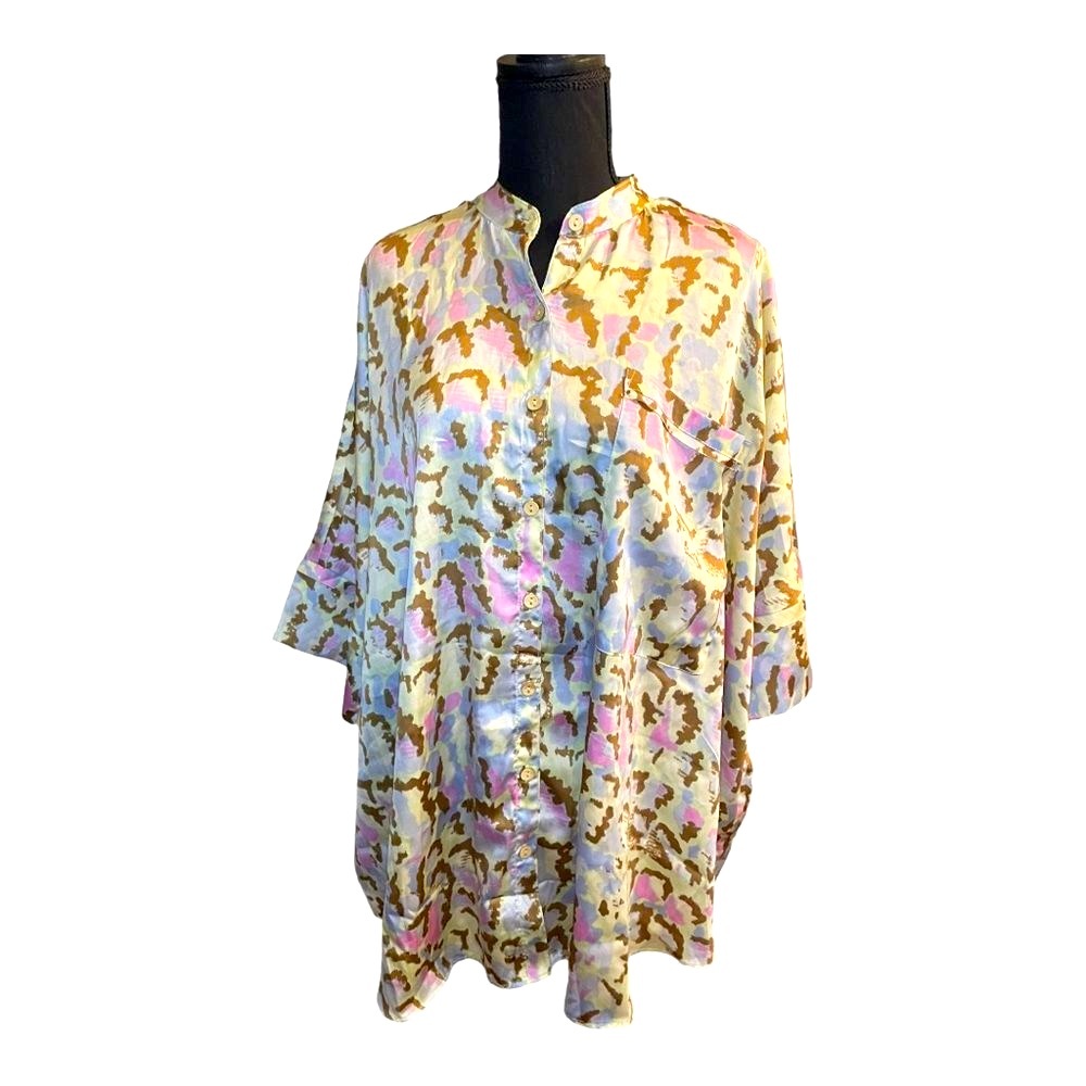Free People Satin Button-Up Tunic - Pastel Blue, Pink & Gold Print